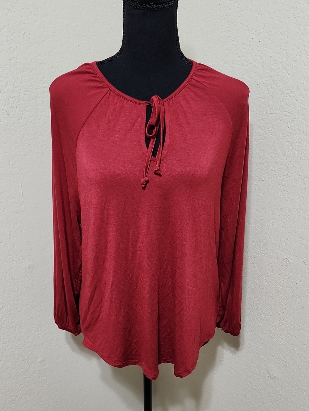 Z Supply Long-Sleeve Tie-Neck Top in Deep Red